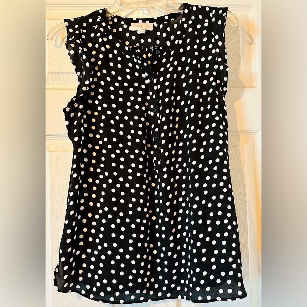 Loft Dotted Split Button Neck Ruffle Shoulders - image 1